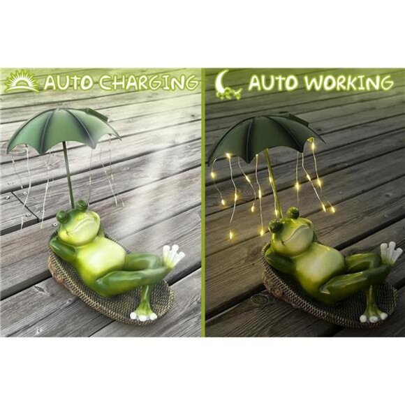 Frogs Garden Outdoor Statue - Solar Frog Umbrella Pond Statues LED Waterproof - Picture 2 of 7